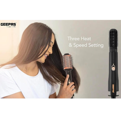 Geepas 4-in-1 Hair Styler with 3 Speed & Heat Settings – 1200W Salon-Grade Blow Dryer Brush with 3 Interchangeable Heads, 360° Swivel Cord & Hanging Loop – Curl, Volumize & Straighten - GH86067 - Damoo