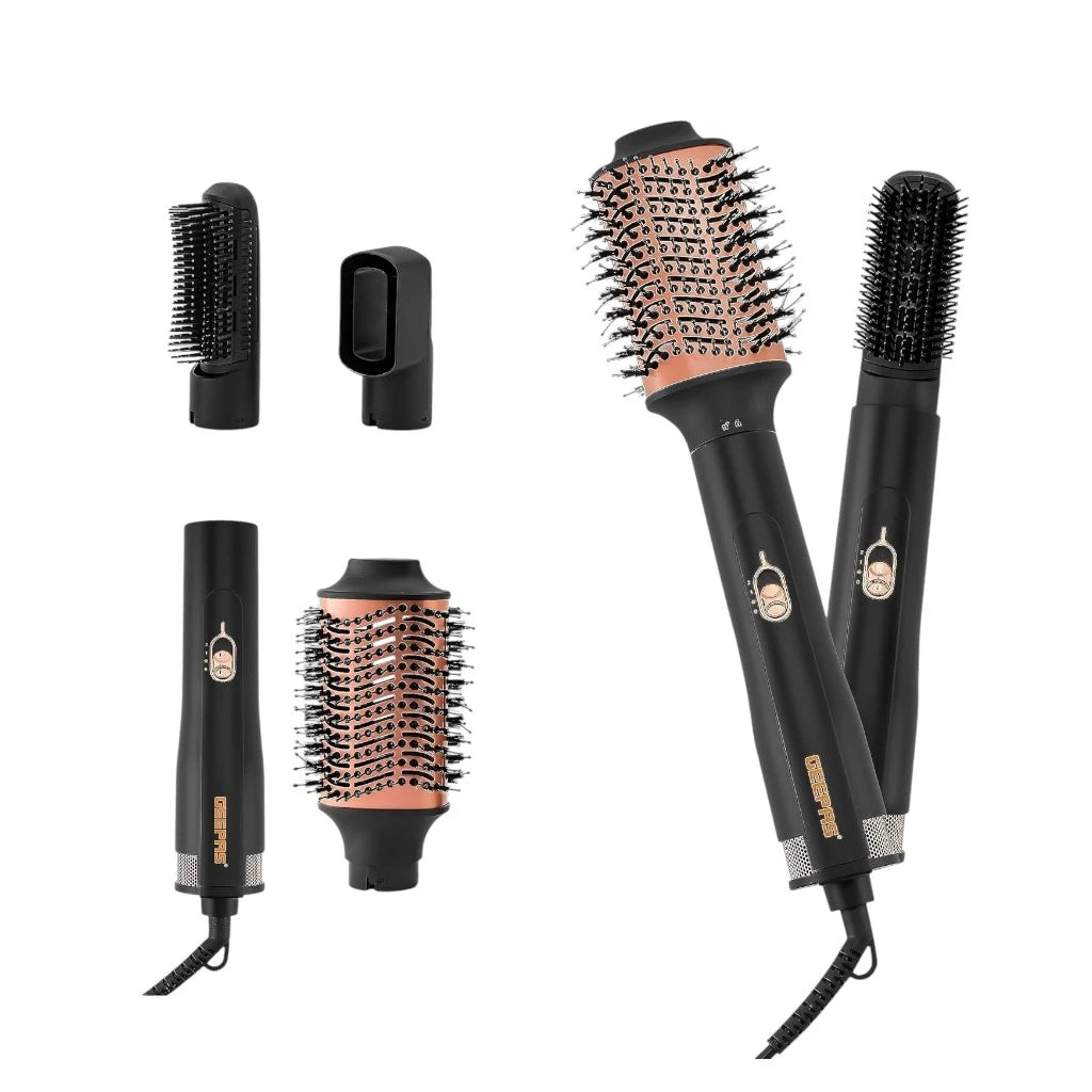 Geepas 4-in-1 Hair Styler with 3 Speed & Heat Settings – 1200W Salon-Grade Blow Dryer Brush with 3 Interchangeable Heads, 360° Swivel Cord & Hanging Loop – Curl, Volumize & Straighten - GH86067 - Damoo
