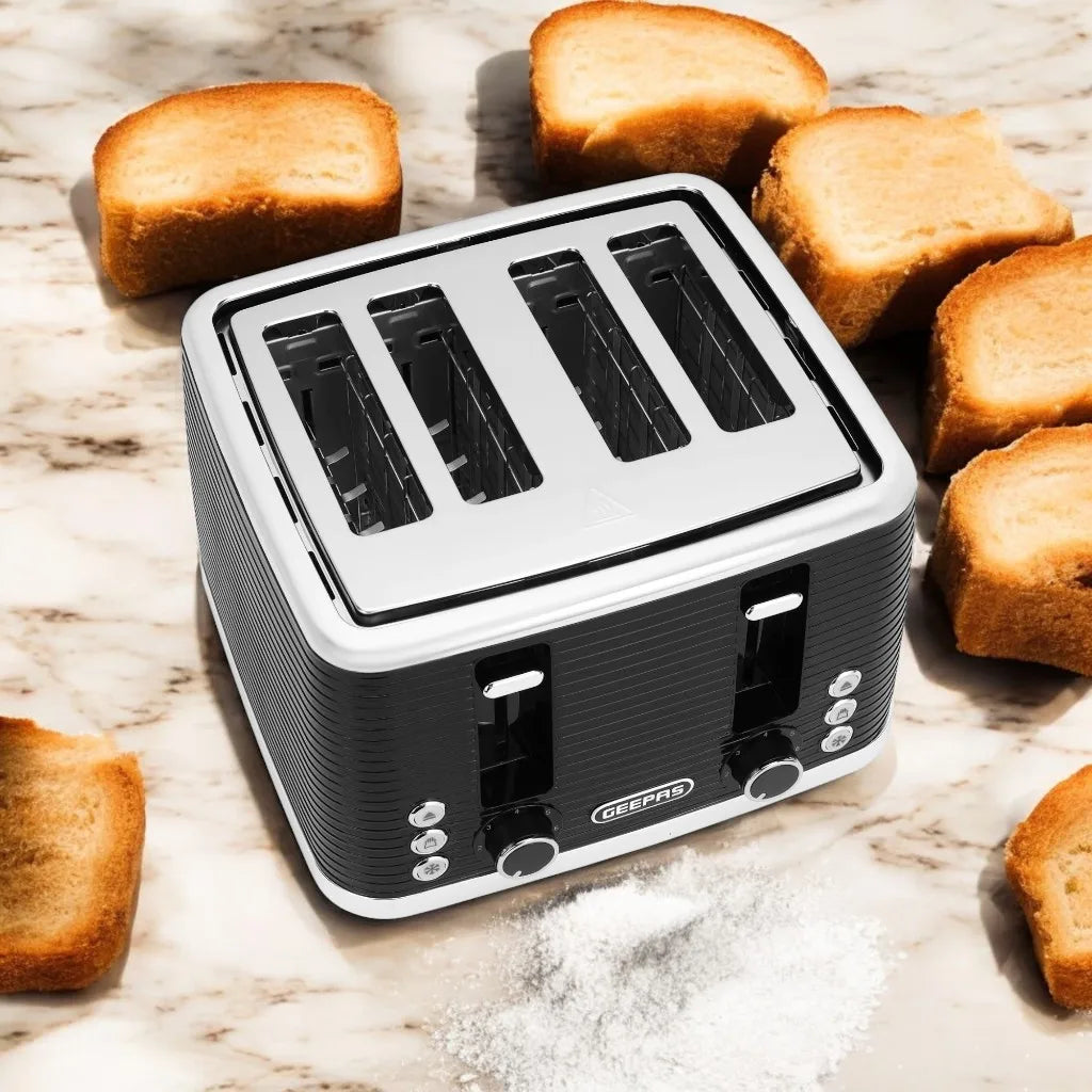 Geepas 4-Slice Bread Toaster – 1360-1600W, Adjustable Browning Control, Removable Crumb Tray, Defrost, Reheat, Cancel Function, Self-Centering Slots, Independent 2-Slice Operation – Black - GBT36537N - Damoo