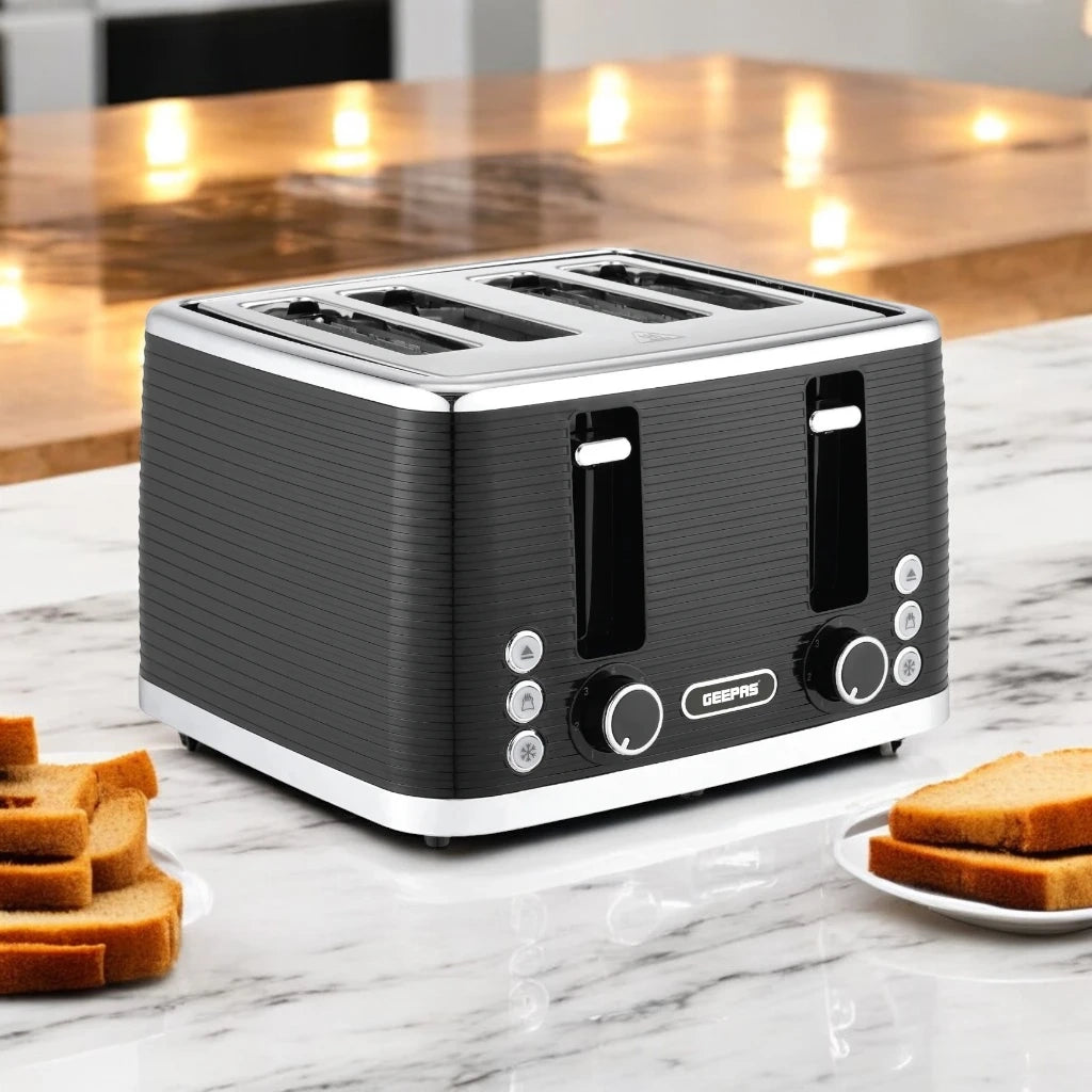 Geepas 4-Slice Bread Toaster – 1360-1600W, Adjustable Browning Control, Removable Crumb Tray, Defrost, Reheat, Cancel Function, Self-Centering Slots, Independent 2-Slice Operation – Black - GBT36537N - Damoo