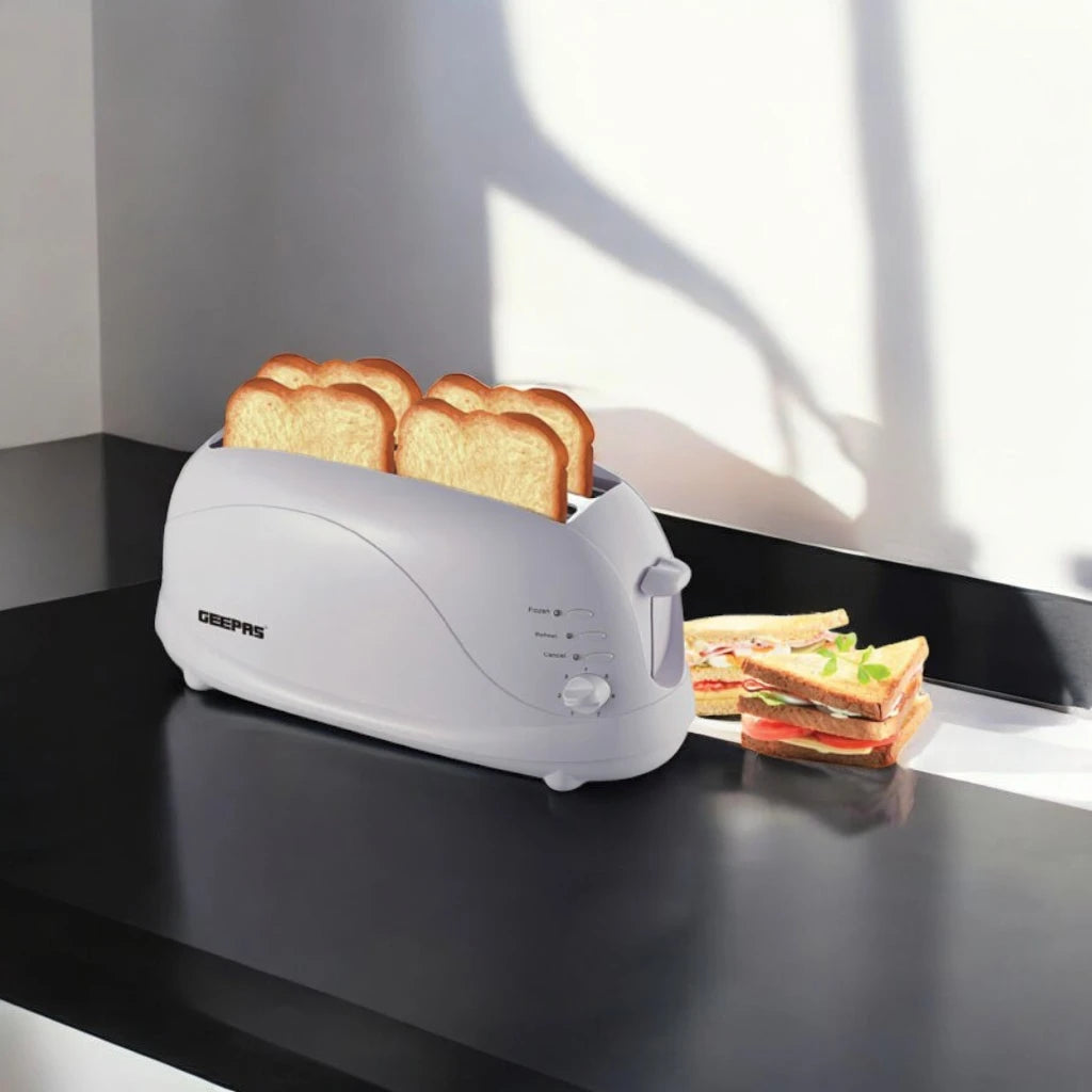 GEEPAS 4-Slice Bread Toaster GBT9895 – 1100W, 7 Browning Levels, Cancel/Defrost/Reheat Functions, Removable Crumb Tray, Cord Storage – White - Damoo
