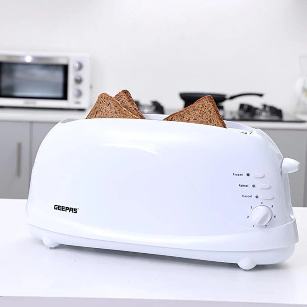 GEEPAS 4-Slice Bread Toaster GBT9895 – 1100W, 7 Browning Levels, Cancel/Defrost/Reheat Functions, Removable Crumb Tray, Cord Storage – White - Damoo
