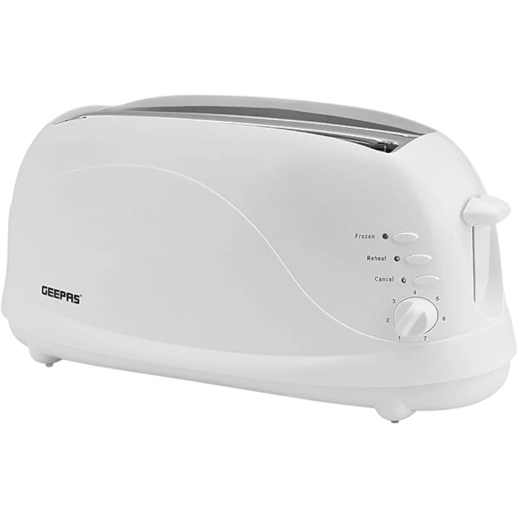 GEEPAS 4-Slice Bread Toaster GBT9895 – 1100W, 7 Browning Levels, Cancel/Defrost/Reheat Functions, Removable Crumb Tray, Cord Storage – White - Damoo