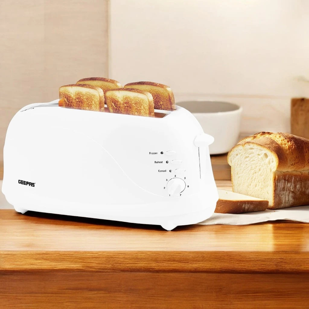 GEEPAS 4-Slice Bread Toaster GBT9895 – 1100W, 7 Browning Levels, Cancel/Defrost/Reheat Functions, Removable Crumb Tray, Cord Storage – White - Damoo