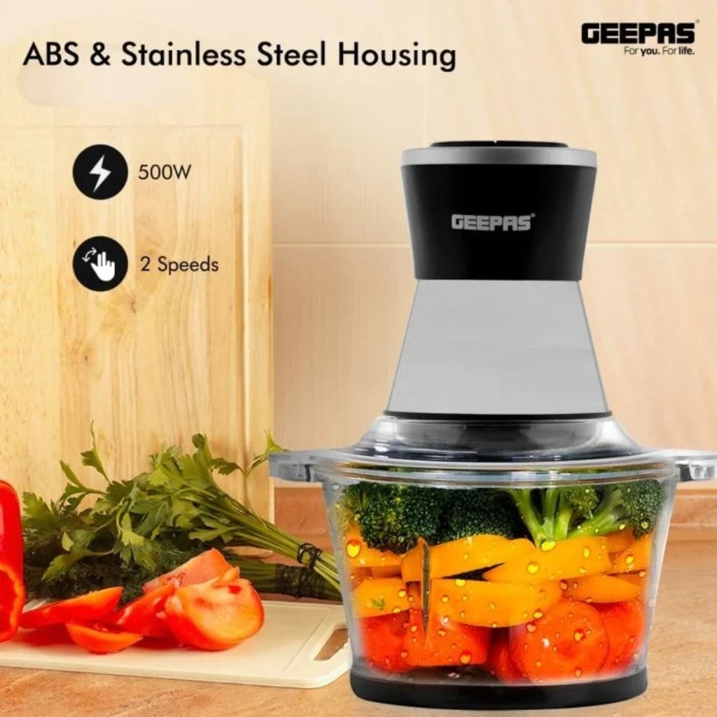 Geepas 500W Multi Chopper with 2L Glass Bowl, 4 Stainless Steel Blades, Copper Motor, 2-Speed Control, Overheat Protection, Safety Lock – GMC42021 - Damoo