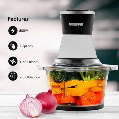 Geepas 500W Multi Chopper with 2L Glass Bowl, 4 Stainless Steel Blades, Copper Motor, 2-Speed Control, Overheat Protection, Safety Lock – GMC42021 - Damoo