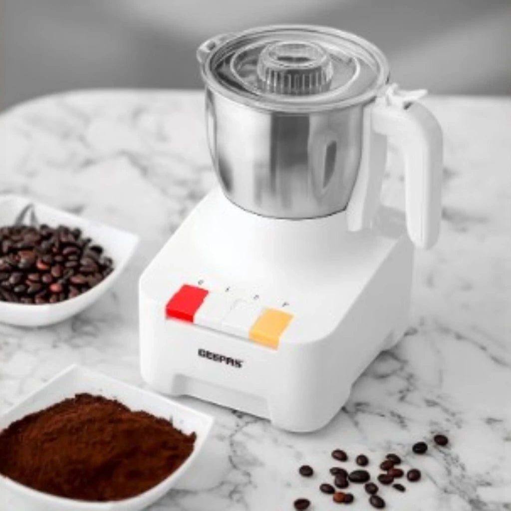 Geepas 600W Food Processor with 300g Capacity – Stainless Steel Bowl, 2-Speed Piano Button, Overheat Protection – Perfect for Coffee Beans, Spices, Nuts – White/Silver - GCG286N - Damoo