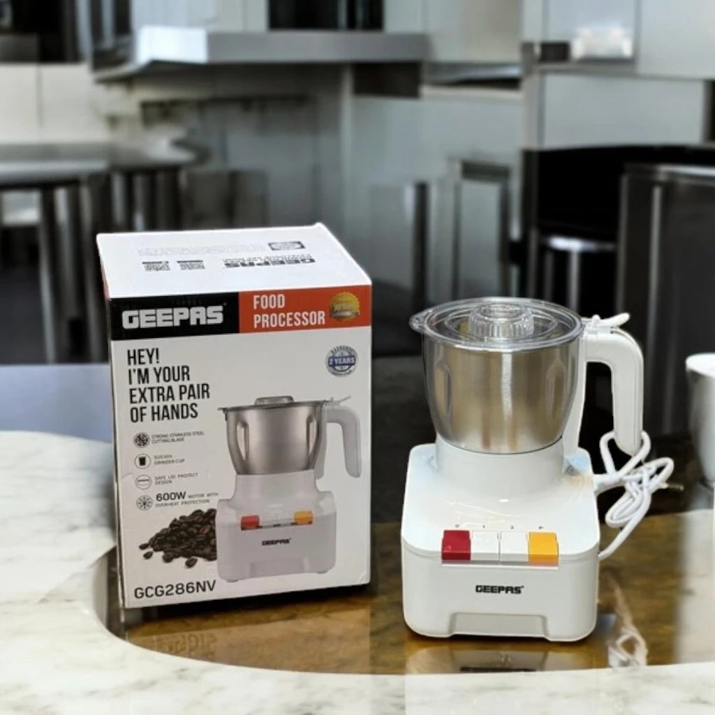 Geepas 600W Food Processor with 300g Capacity – Stainless Steel Bowl, 2-Speed Piano Button, Overheat Protection – Perfect for Coffee Beans, Spices, Nuts – White/Silver - GCG286N - Damoo