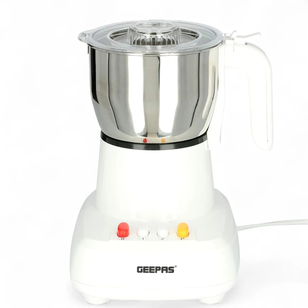 Geepas 600W Food Processor with 300g Capacity – Stainless Steel Bowl, 2-Speed Piano Button, Overheat Protection – Perfect for Coffee Beans, Spices, Nuts – White/Silver - GCG286N - Damoo