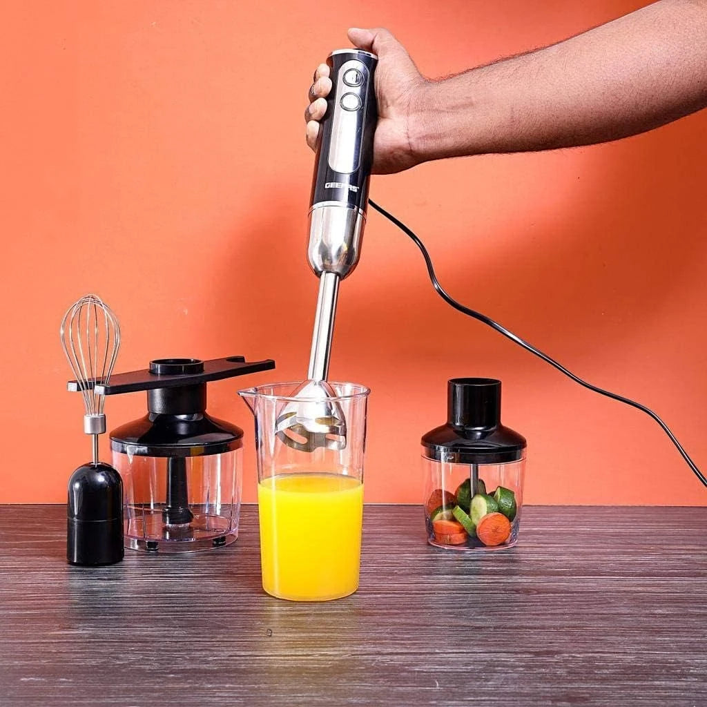 Geepas 600W Hand Blender – 2-Speed with 8 Variable Speed Dial | Stainless Steel Blade, Whisk, Chopper & Coffee Grinder | Multi-Purpose Blender for Smoothies, Sauces & Baby Food – Black - Damoo