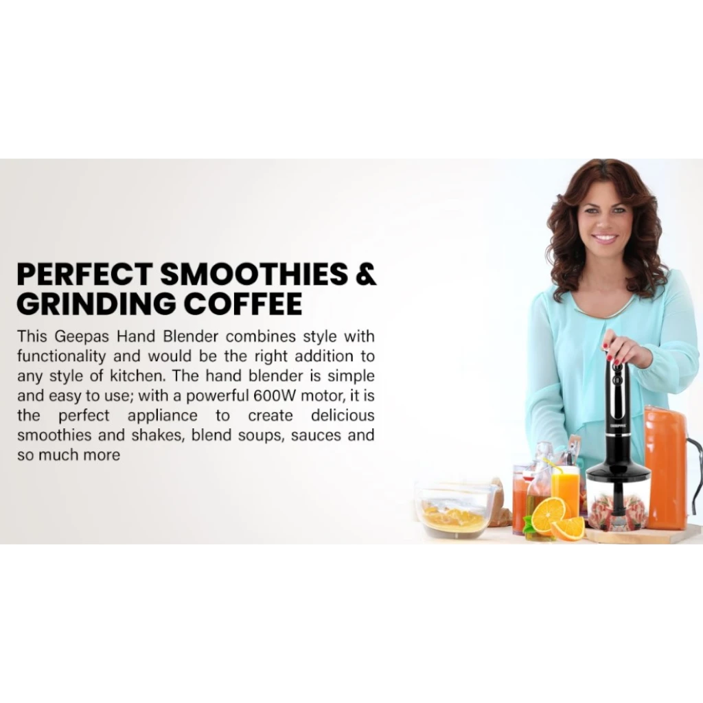 Geepas 600W Hand Blender – 2-Speed with 8 Variable Speed Dial | Stainless Steel Blade, Whisk, Chopper & Coffee Grinder | Multi-Purpose Blender for Smoothies, Sauces & Baby Food – Black - Damoo