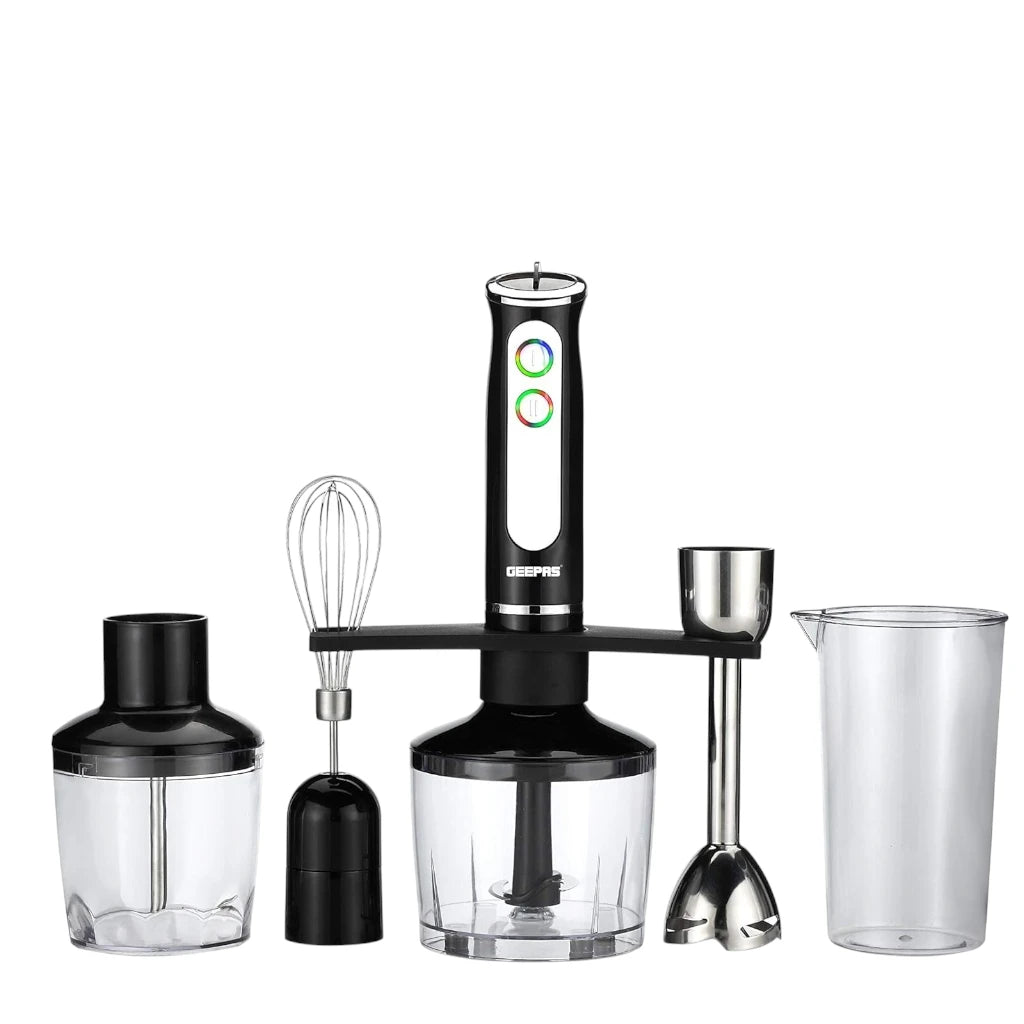 Geepas 600W Hand Blender – 2-Speed with 8 Variable Speed Dial | Stainless Steel Blade, Whisk, Chopper & Coffee Grinder | Multi-Purpose Blender for Smoothies, Sauces & Baby Food – Black - Damoo