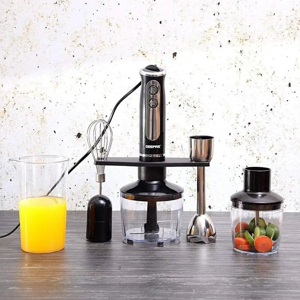 Geepas 600W Hand Blender – 2-Speed with 8 Variable Speed Dial | Stainless Steel Blade, Whisk, Chopper & Coffee Grinder | Multi-Purpose Blender for Smoothies, Sauces & Baby Food – Black - Damoo