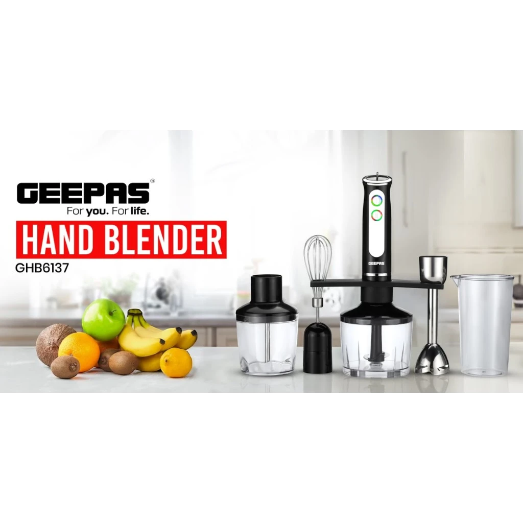 Geepas 600W Hand Blender – 2-Speed with 8 Variable Speed Dial | Stainless Steel Blade, Whisk, Chopper & Coffee Grinder | Multi-Purpose Blender for Smoothies, Sauces & Baby Food – Black - Damoo