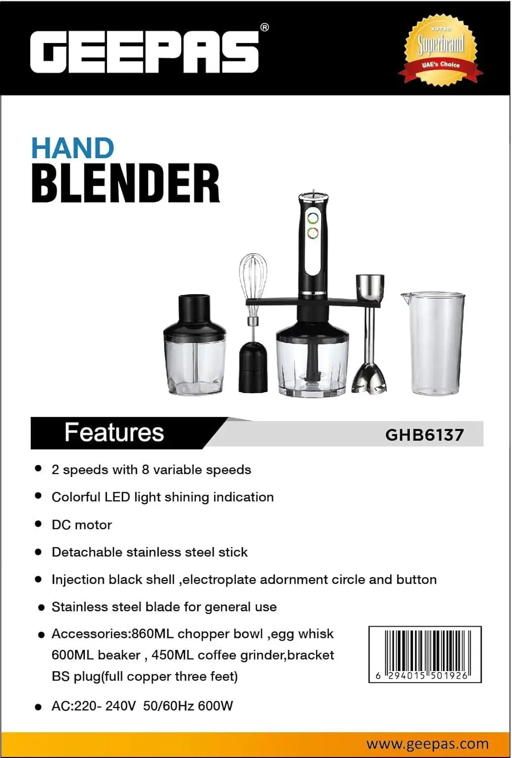 Geepas 600W Hand Blender – 2-Speed with 8 Variable Speed Dial | Stainless Steel Blade, Whisk, Chopper & Coffee Grinder | Multi-Purpose Blender for Smoothies, Sauces & Baby Food – Black - Damoo