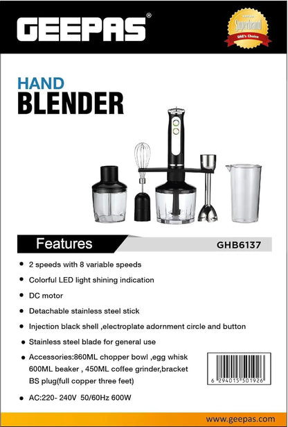 Geepas 600W Hand Blender – 2-Speed with 8 Variable Speed Dial | Stainless Steel Blade, Whisk, Chopper & Coffee Grinder | Multi-Purpose Blender for Smoothies, Sauces & Baby Food – Black - Damoo