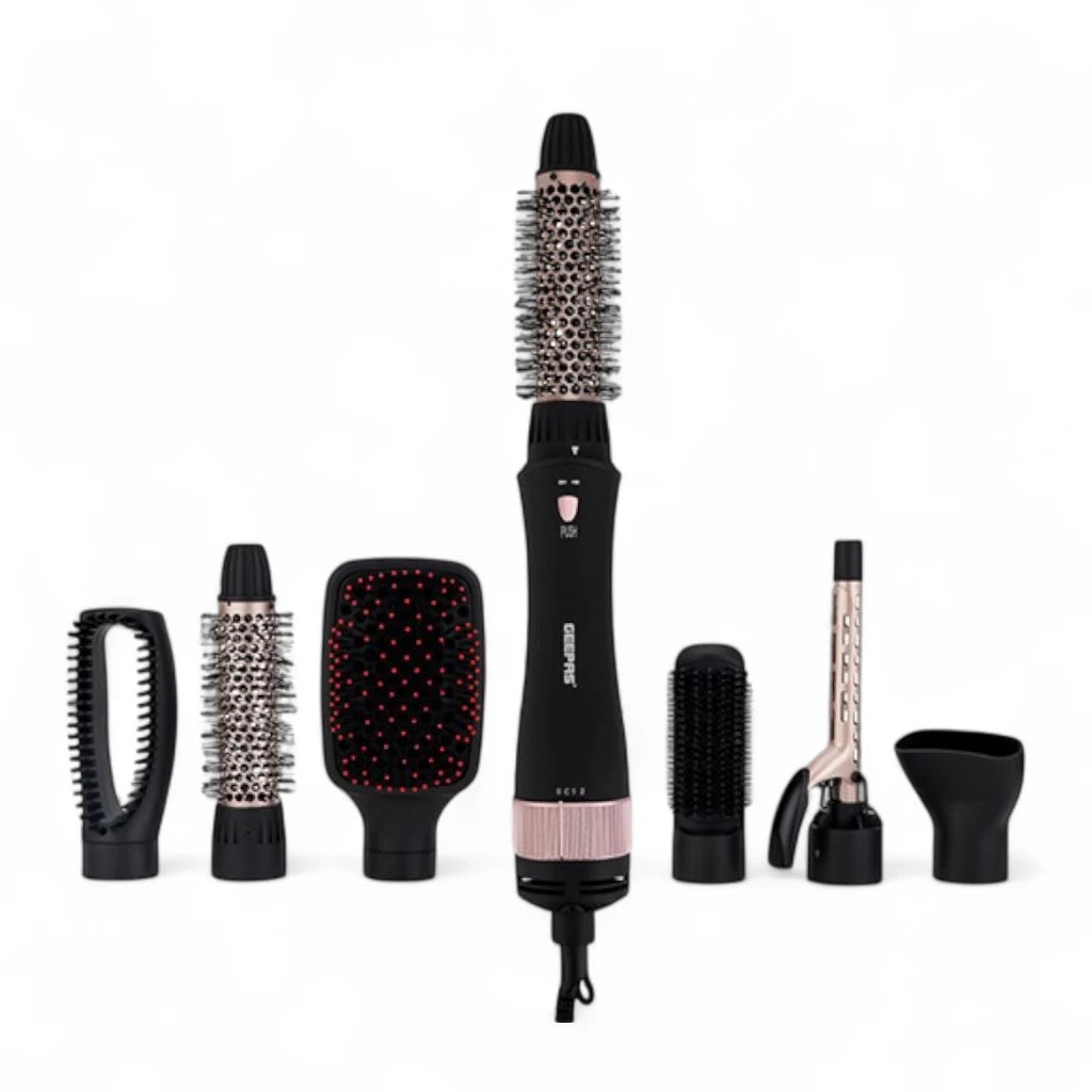 Geepas 8-in-1 Hair Styler GH86070 | 1000W Multi-Functional Hair Styling Tool with 7 Attachments | 2 Speed & Cool Settings | Ceramic Coated | 360° Swivel Cord | Black & Gold - Damoo