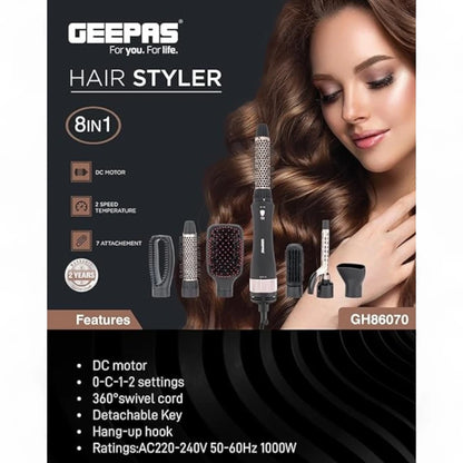 Geepas 8-in-1 Hair Styler GH86070 | 1000W Multi-Functional Hair Styling Tool with 7 Attachments | 2 Speed & Cool Settings | Ceramic Coated | 360° Swivel Cord | Black & Gold - Damoo