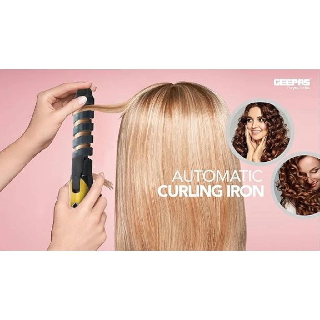 Geepas Automatic Hair Curler – 25W Ceramic Curling Iron with Spiral Groove, Auto Shut-Off, 3 Timer Settings & Dual Heat Modes – Smooth, Frizz-Free Curls- GH8656 - Damoo