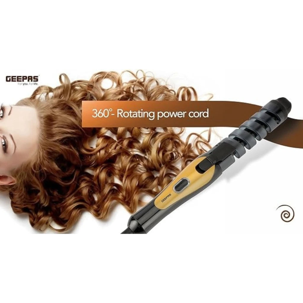 Geepas Automatic Hair Curler – 25W Ceramic Curling Iron with Spiral Groove, Auto Shut-Off, 3 Timer Settings & Dual Heat Modes – Smooth, Frizz-Free Curls- GH8656 - Damoo