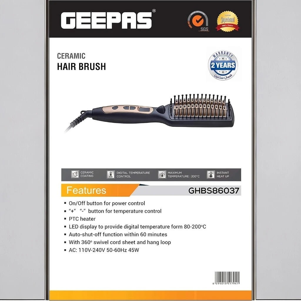 Geepas Ceramic Hair Straightening Brush – 45W, Digital Temperature Control (80-230°C), LED Display, Anti-Scald, 60-Min Auto Shut-Off, 360° Swivel Cord, Fast Heating, Travel-Friendly – Black - GHBS86037 - Damoo