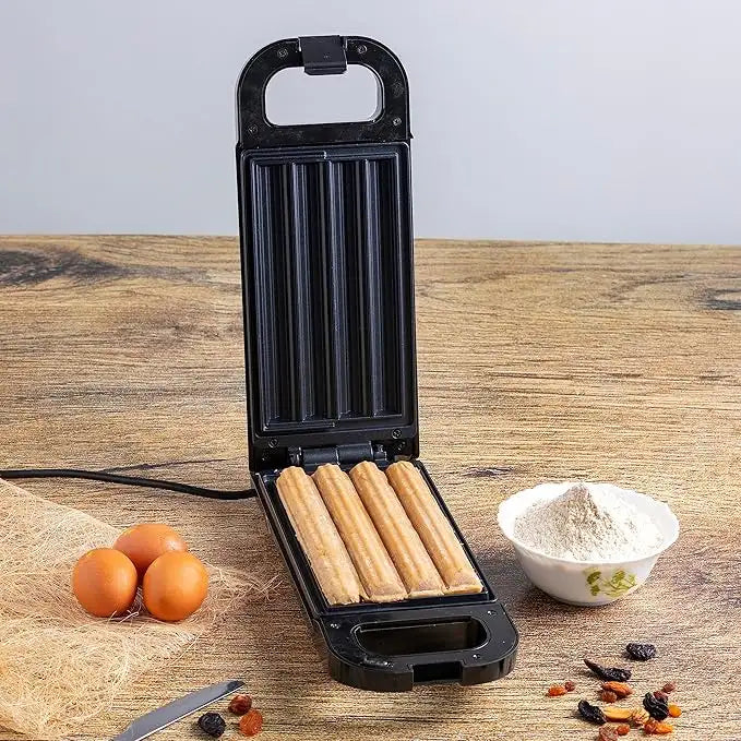 Geepas Churro Maker 750W – Non-Stick Cooking Plates, Healthy Oil-Free Baking, Lock Grip Handle, Easy to Clean, Makes 4 Churros at a Time – Perfect for Homemade Churros (Black) - Damoo