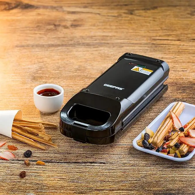 Geepas Churro Maker 750W – Non-Stick Cooking Plates, Healthy Oil-Free Baking, Lock Grip Handle, Easy to Clean, Makes 4 Churros at a Time – Perfect for Homemade Churros (Black) - Damoo