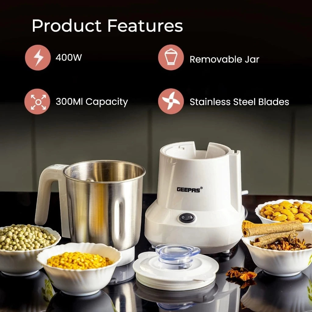 Geepas Coffee Grinder 450W Electric Mill - Large 300ml Capacity - Stainless Steel Blades for Coffee Beans, Spices & Nuts - Detachable Bowl - Transparent Lid - GCG6105 - Damoo