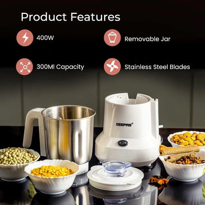 Geepas Coffee Grinder 450W Electric Mill - Large 300ml Capacity - Stainless Steel Blades for Coffee Beans, Spices & Nuts - Detachable Bowl - Transparent Lid - GCG6105 - Damoo