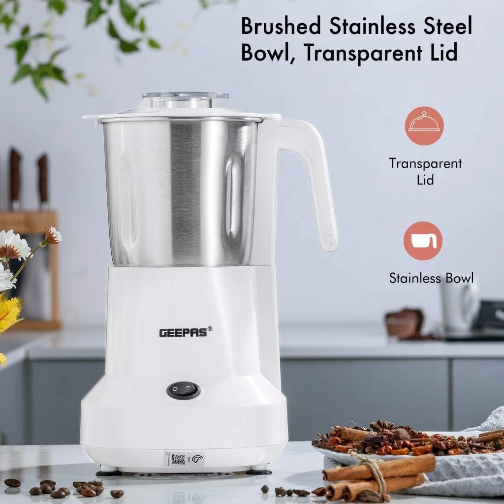 Geepas Coffee Grinder 450W Electric Mill - Large 300ml Capacity - Stainless Steel Blades for Coffee Beans, Spices & Nuts - Detachable Bowl - Transparent Lid - GCG6105 - Damoo