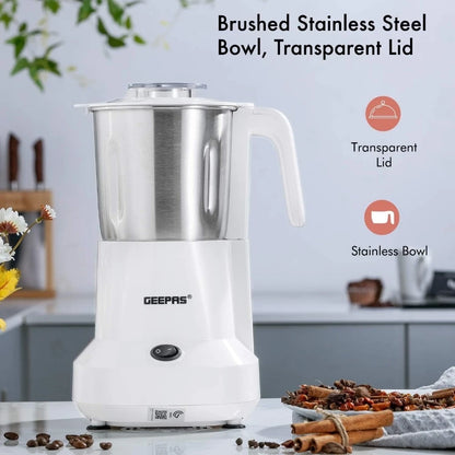 Geepas Coffee Grinder 450W Electric Mill - Large 300ml Capacity - Stainless Steel Blades for Coffee Beans, Spices & Nuts - Detachable Bowl - Transparent Lid - GCG6105 - Damoo