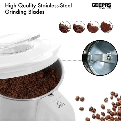 Geepas Coffee Grinder 450W Electric Mill - Large 300ml Capacity - Stainless Steel Blades for Coffee Beans, Spices & Nuts - Detachable Bowl - Transparent Lid - GCG6105 - Damoo