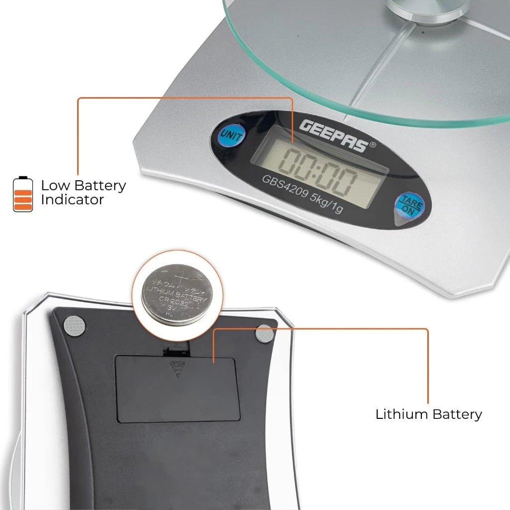 Geepas Digital Kitchen Scale – 5kg Capacity, LCD Backlit Display, Safety Glass Platform, Unit Conversion (g/oz), Compact Food Scale – White - GBS4209 - Damoo