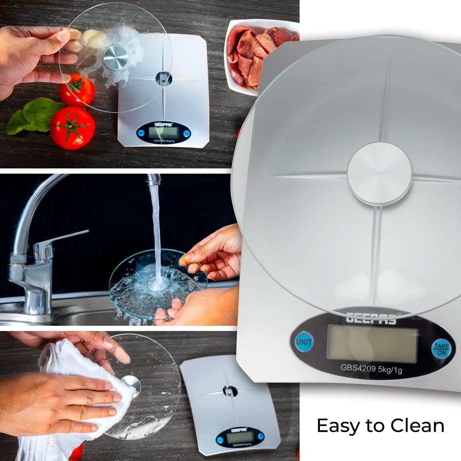 Geepas Digital Kitchen Scale – 5kg Capacity, LCD Backlit Display, Safety Glass Platform, Unit Conversion (g/oz), Compact Food Scale – White - GBS4209 - Damoo