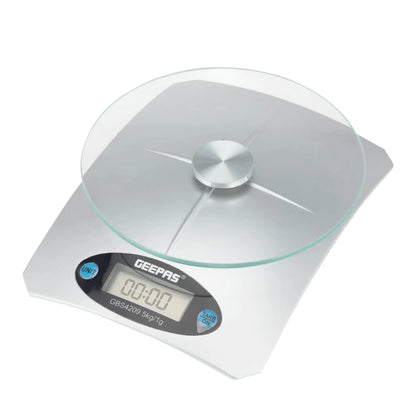 Geepas Digital Kitchen Scale – 5kg Capacity, LCD Backlit Display, Safety Glass Platform, Unit Conversion (g/oz), Compact Food Scale – White - GBS4209 - Damoo