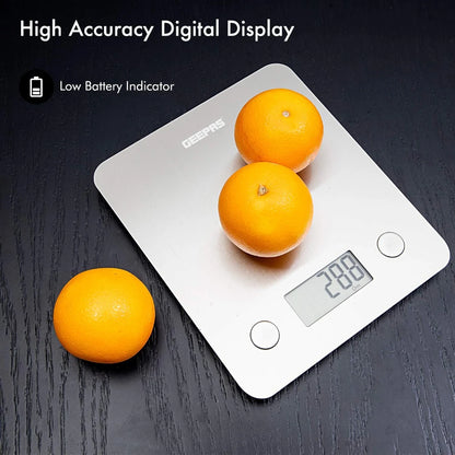 Geepas Digital Kitchen Scale – White, Stainless Steel Top, LCD Display, Tare Function, Multi-Unit Conversion (g, ml, lb:oz, fl.oz), Compact Food Scale for Cooking & Baking - GKS46507UK - Damoo
