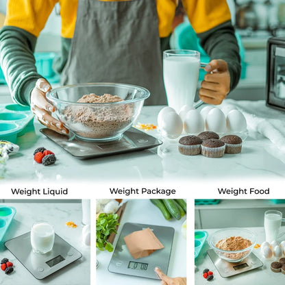 Geepas Digital Kitchen Scale – White, Stainless Steel Top, LCD Display, Tare Function, Multi-Unit Conversion (g, ml, lb:oz, fl.oz), Compact Food Scale for Cooking & Baking - GKS46507UK - Damoo