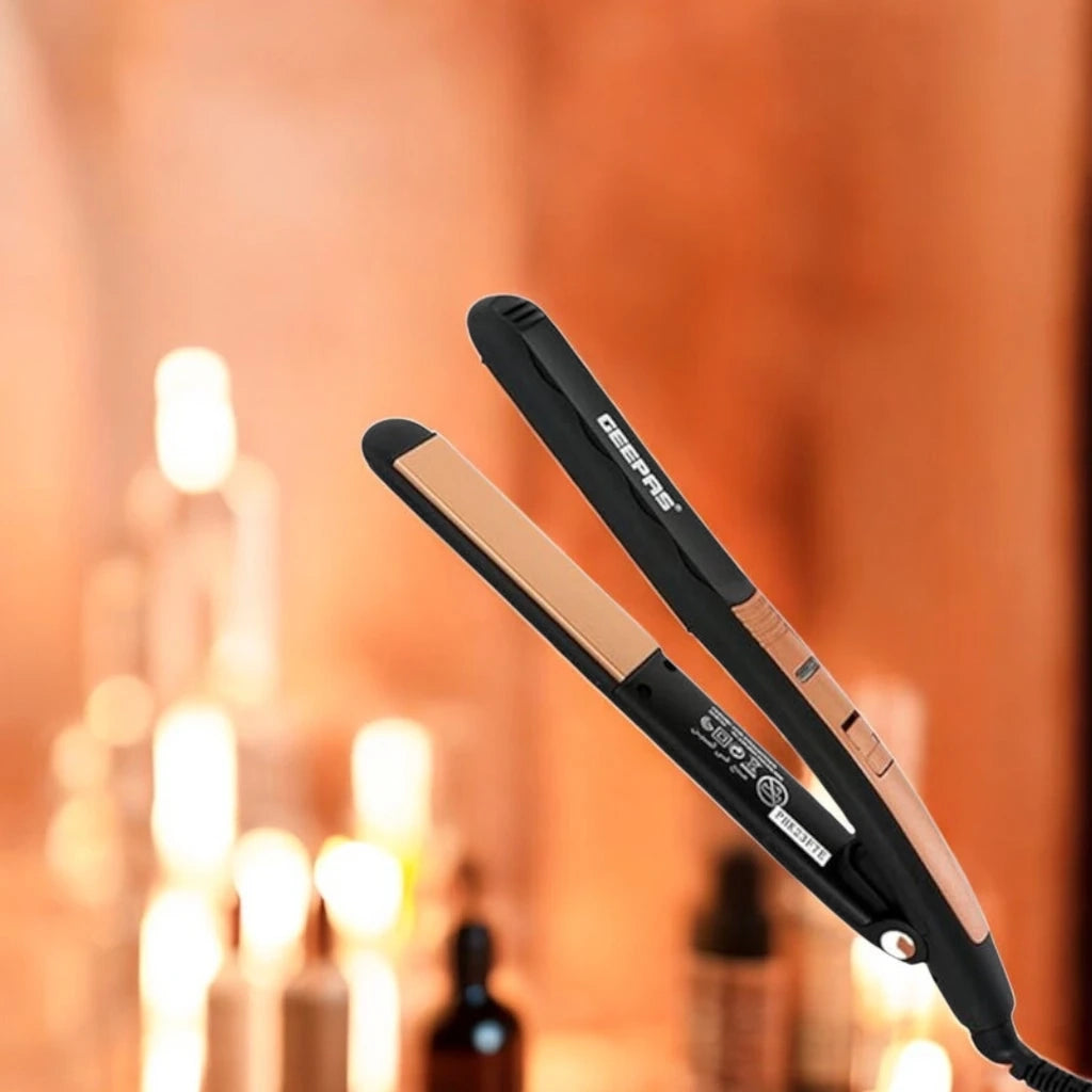 Geepas Easy Pro-Slim Hair Straightener – 15-Second Heat Up, Max 230°C, Ceramic Coated Plates, Adjustable Temperature, Lockable Handle, 360° Swivel Cord, LED Indicator, 35W, Gold & Black – GH8723 - Damoo