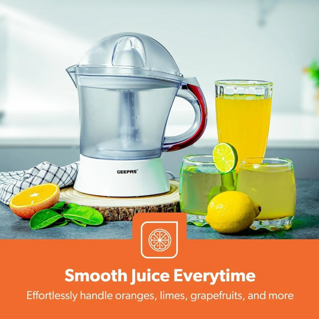 Geepas Electric Citrus Juicer – 1.2L Capacity, Dual Press Cones, Bi-Directional Rotation, 25W Motor – Quick & Easy Juicing for Oranges, Lemons, and More – White - GCJ5384 - Damoo