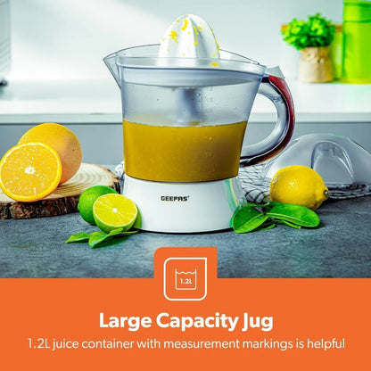 Geepas Electric Citrus Juicer – 1.2L Capacity, Dual Press Cones, Bi-Directional Rotation, 25W Motor – Quick & Easy Juicing for Oranges, Lemons, and More – White - GCJ5384 - Damoo