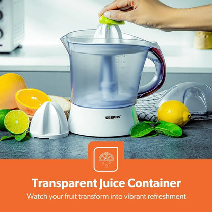 Geepas Electric Citrus Juicer – 1.2L Capacity, Dual Press Cones, Bi-Directional Rotation, 25W Motor – Quick & Easy Juicing for Oranges, Lemons, and More – White - GCJ5384 - Damoo