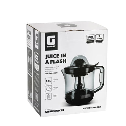 Geepas Electric Citrus Juicer 1L – Dual-Rotation Orange & Lemon Juicer with 25W Durable Copper Motor, Non-Slip Feet, Clear Jug for Easy Monitoring – GCJ9900NV Clear/Black - Damoo
