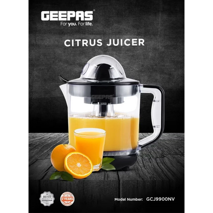 Geepas Electric Citrus Juicer 1L – Dual-Rotation Orange & Lemon Juicer with 25W Durable Copper Motor, Non-Slip Feet, Clear Jug for Easy Monitoring – GCJ9900NV Clear/Black - Damoo