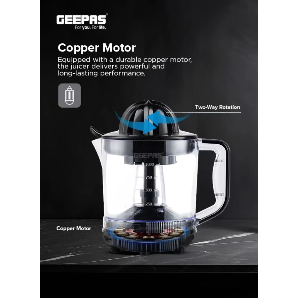 Geepas Electric Citrus Juicer 1L – Dual-Rotation Orange & Lemon Juicer with 25W Durable Copper Motor, Non-Slip Feet, Clear Jug for Easy Monitoring – GCJ9900NV Clear/Black - Damoo