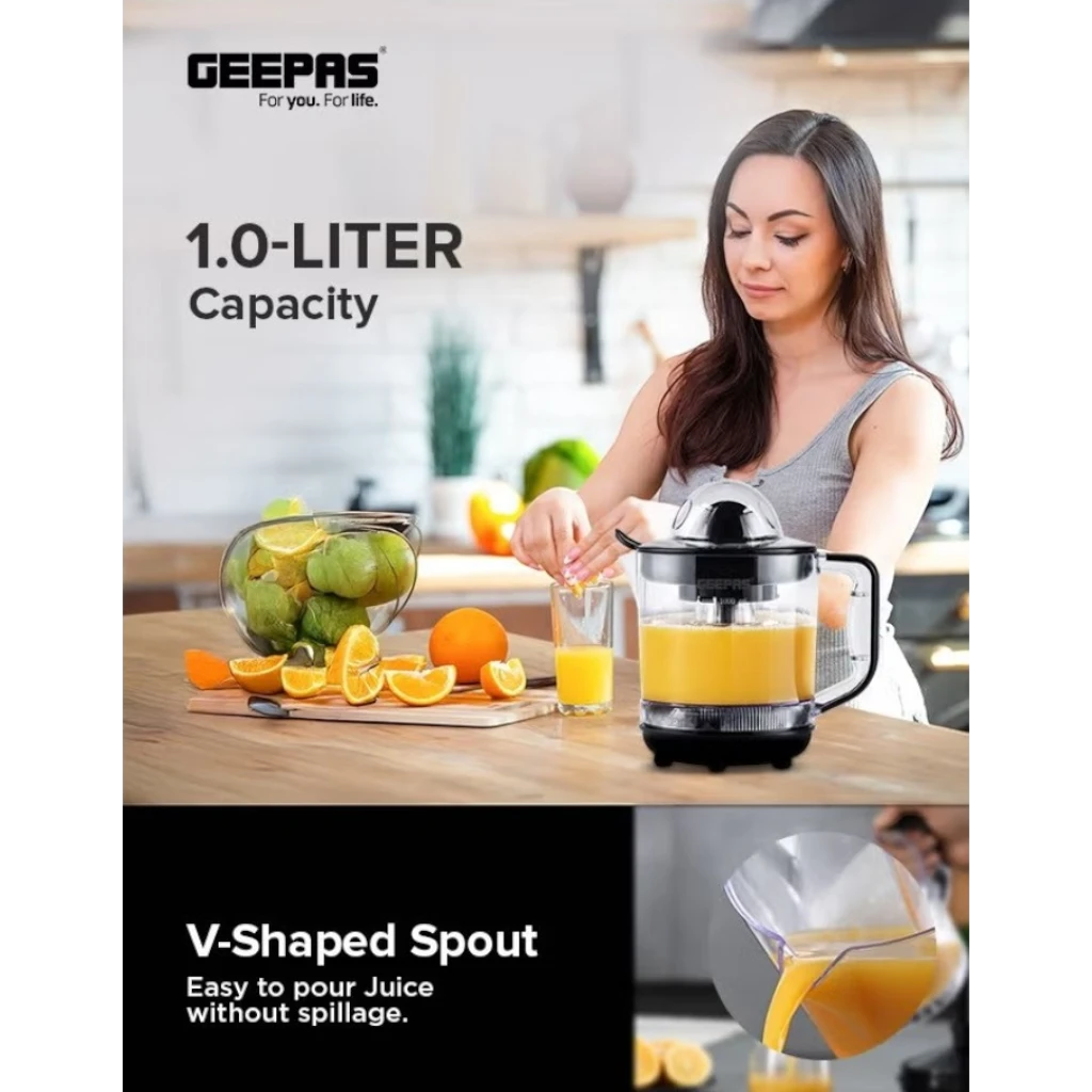 Geepas Electric Citrus Juicer 1L – Dual-Rotation Orange & Lemon Juicer with 25W Durable Copper Motor, Non-Slip Feet, Clear Jug for Easy Monitoring – GCJ9900NV Clear/Black - Damoo