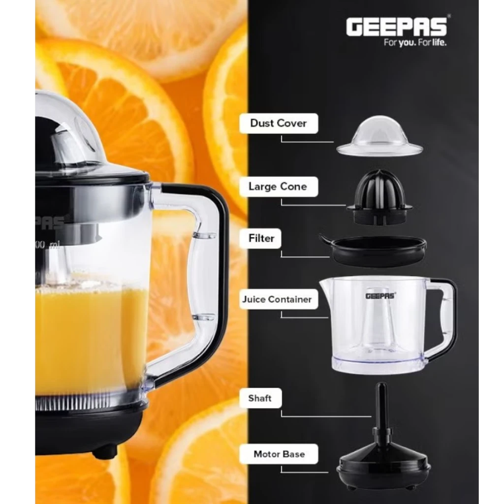 Geepas Electric Citrus Juicer 1L – Dual-Rotation Orange & Lemon Juicer with 25W Durable Copper Motor, Non-Slip Feet, Clear Jug for Easy Monitoring – GCJ9900NV Clear/Black - Damoo