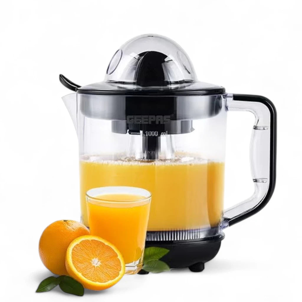 Geepas Electric Citrus Juicer 1L – Dual-Rotation Orange & Lemon Juicer with 25W Durable Copper Motor, Non-Slip Feet, Clear Jug for Easy Monitoring – GCJ9900NV Clear/Black - Damoo