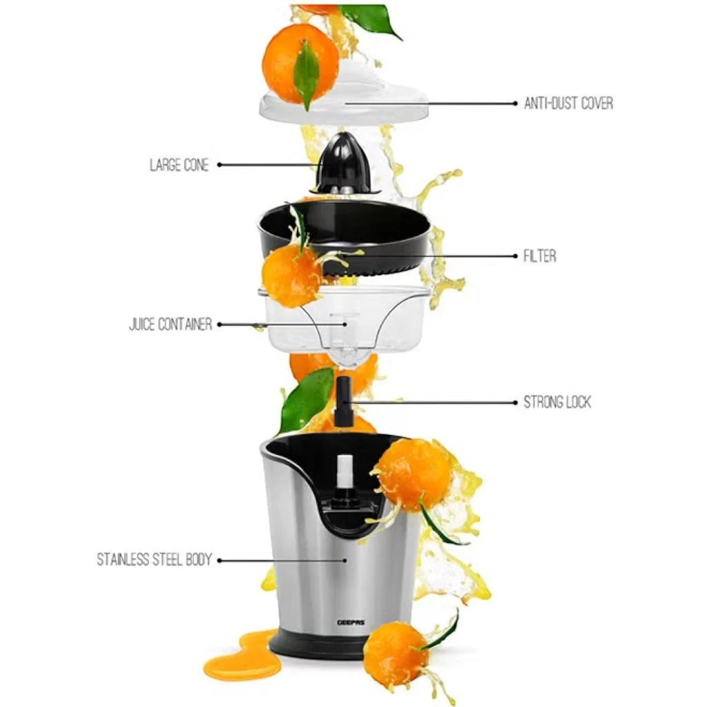 Geepas Electric Citrus Juicer – Stainless Steel Orange & Lemon Juicer with Anti-Drip Spout, Dishwasher-Safe Parts, Quiet Motor, 100W , Compact Design for Freshly Squeezed Fruit Juice – GCJ46013UK – Silver - Damoo