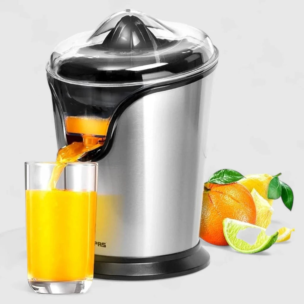Geepas Electric Citrus Juicer – Stainless Steel Orange & Lemon Juicer with Anti-Drip Spout, Dishwasher-Safe Parts, Quiet Motor, 100W , Compact Design for Freshly Squeezed Fruit Juice – GCJ46013UK – Silver - Damoo