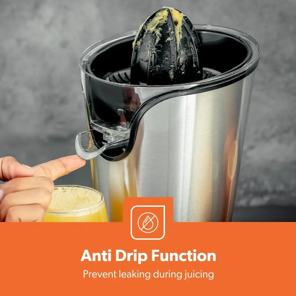 Geepas Electric Citrus Juicer – Stainless Steel Orange & Lemon Juicer with Anti-Drip Spout, Dishwasher-Safe Parts, Quiet Motor, 100W , Compact Design for Freshly Squeezed Fruit Juice – GCJ46013UK – Silver - Damoo
